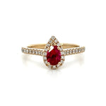 Load image into Gallery viewer, 14K Yellow Gold Pear Ruby and Diamond Halo Ring