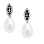 Load image into Gallery viewer, 14K White Gold Freshwater Pearl, Sapphire, Diamond Earrings