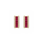 Load image into Gallery viewer, 14K Yellow Gold Ruby and Diamond Small Hoop Earrings