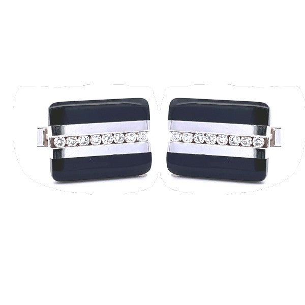 14K White Gold Black Onyx and Diamond Cuff Links