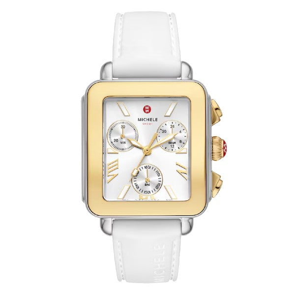 MICHELE Deco Sport Chronograph Gold-Plated White Silicone Watch