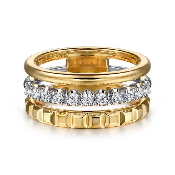 14K Yellow Gold 3-Band Stack Ring with Diamonds