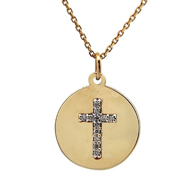 14K Yellow Gold Diamond Cross Disc Necklace