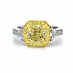 Load image into Gallery viewer, Platinum and 18K Yellow Gold 3-Stone Yellow Diamond Halo Ring