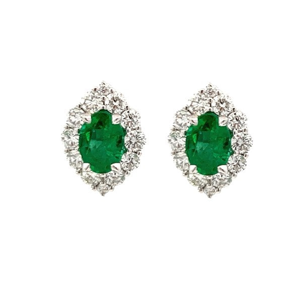 18K White Gold Oval Emerald Diamond Halo Stud Earrings