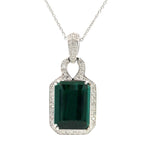 Load image into Gallery viewer, 14K White Gold Emerald Cut Green Tourmaline and Diamond Halo Pendant