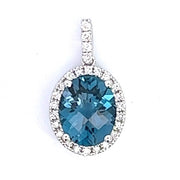 14K White Gold London Blue Topaz and Diamond Halo Pendant
