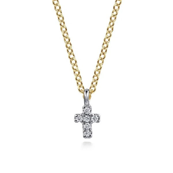14K Yellow and White Gold Dainty Diamond Cross Necklace