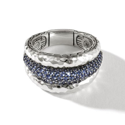 Classic Chain Hammered Silver And Blue Sapphire Layered Ring
