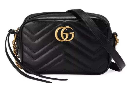 Pre-Owned GUCCI Calfskin Matelasse Small GG Marmont Chain Shoulder Bag Black