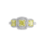 Load image into Gallery viewer, 18K White Gold Cushion Cut Yellow Diamond 3-Stone Halo Ring