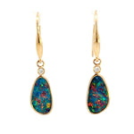 Load image into Gallery viewer, 14K Yellow Gold Dangle Australian Doublet Opal Earrings with Diamonds