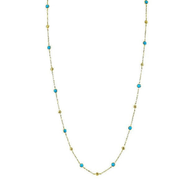 SLOANE STREET  18K Yellow Gold Chain Necklace with Bezel Set Turquoise and  Gold Strie Cushions