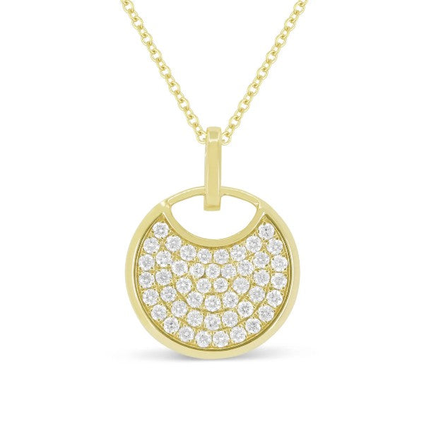 14K Yellow Gold Pave Diamond Circle Disc Necklace