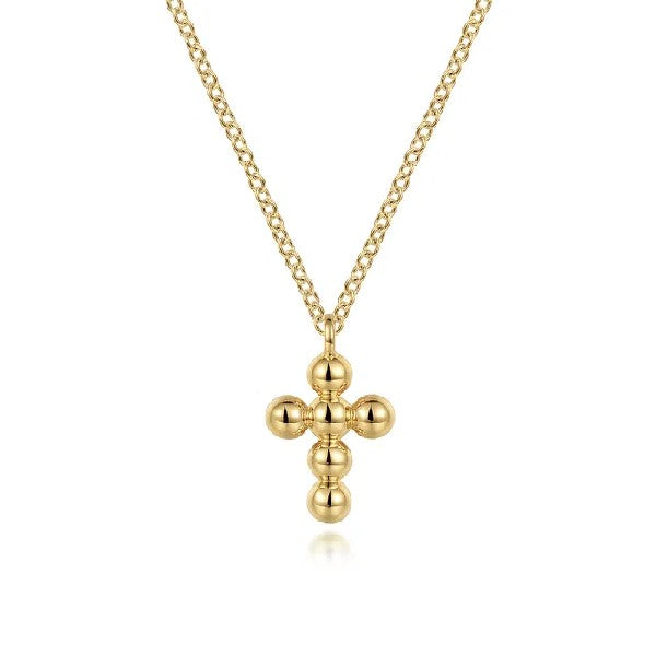 14K Yellow Gold Small Beaded Cross Necklace