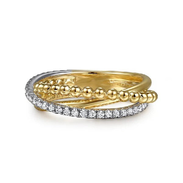 14K White and Yellow Gold Bead Diamond Criss Cross Ring