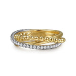Load image into Gallery viewer, 14K White and Yellow Gold Bead Diamond Criss Cross Ring