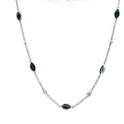 14K White Gold Bezel Marquise Sapphire and Diamond Station Necklace