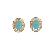 14K Yellow Gold Oval Opal and Diamond Halo Stud Earrings