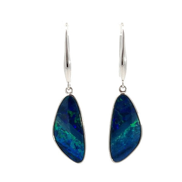 14K White Gold Australian Opal Doublet Drop Earrings