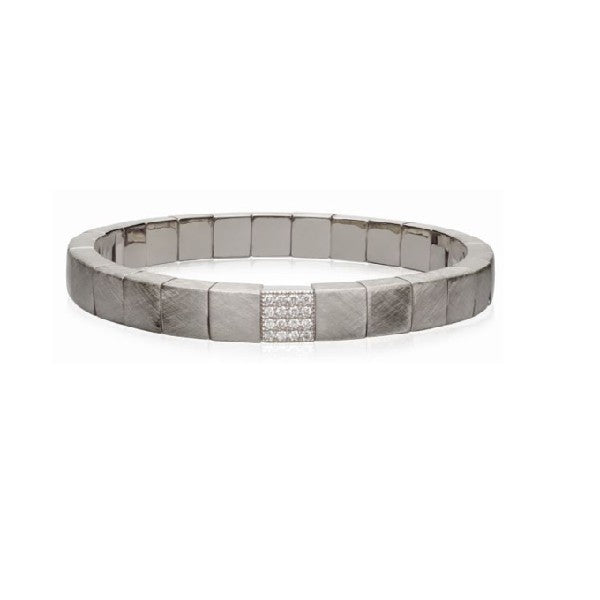 ROBERTO DEMEGLIO Scacco Stretch Bracelet in Matte White Gold with Diamond Pavé Station