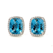 14K White Gold Radiant Swiss Blue Topaz Diamond Halo Earrings