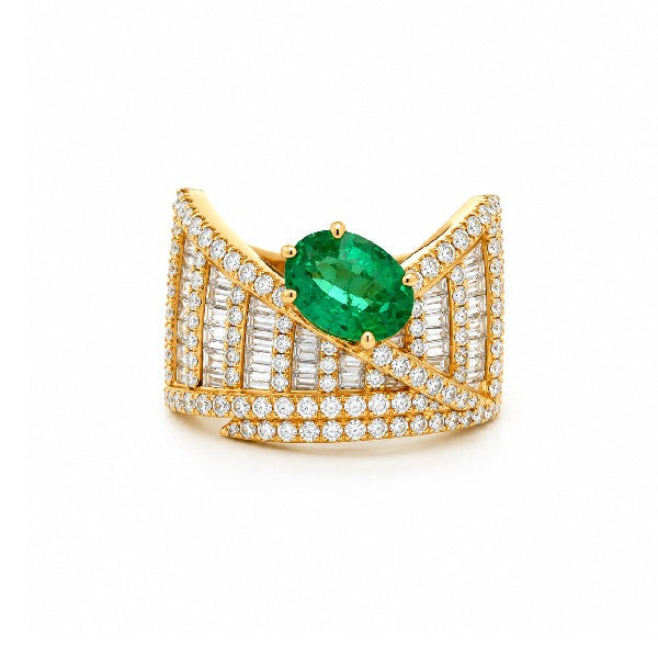 18K Yellow Gold Diamond and Emerald Overlap Cocktail Ring