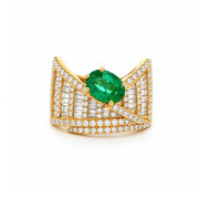 18K Yellow Gold Diamond and Emerald Overlap Cocktail Ring