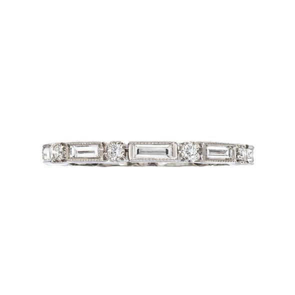 18K White Gold Baguette and Round Diamond Stackable Eternity Band