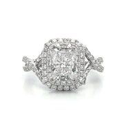 18K White Gold Emerald Cut Double Halo Ring with Twist Band