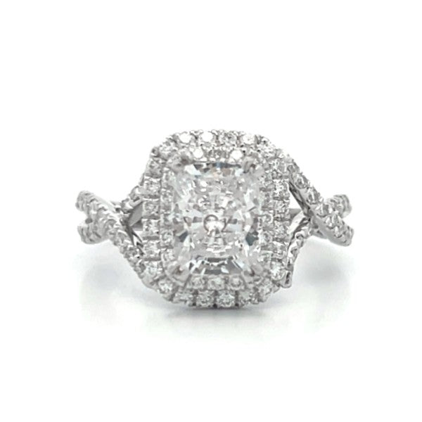 18K White Gold Emerald Cut Double Halo Ring with Twist Band - Final Sale
