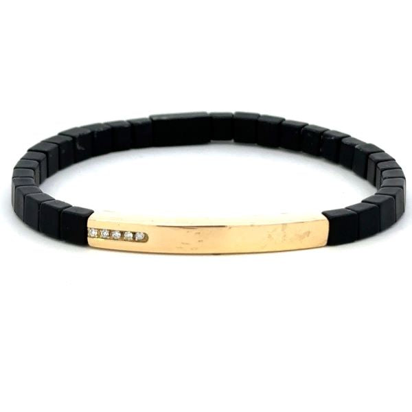 Stretchable Black Ceramic And 18K Yellow Gold Diamond Bar Bracelet