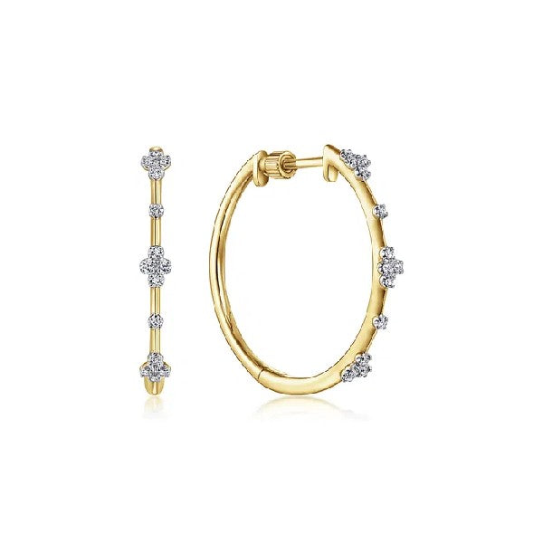 14K Yellow Gold Diamond Flower Station Hoop Earrings