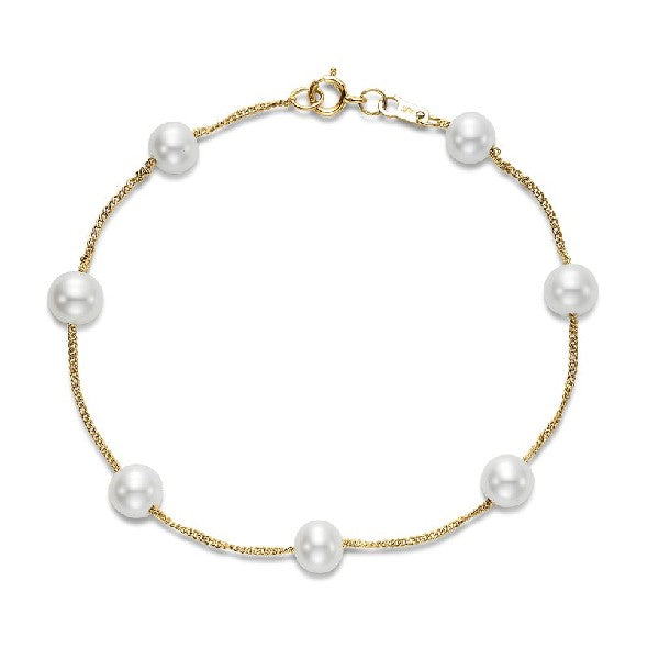 5.5-6mm White Freshwater Pearl Bracelet in 14K Yellow Gold