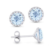 14K White Gold Aquamarine & Diamond Halo Earrings