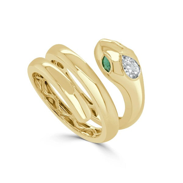 14K Yellow Gold Emerald & Diamond Snake Ring