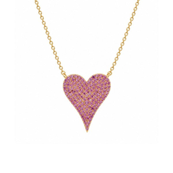 14K Yellow Gold Pave' Pink Sapphire Heart Pendant Necklace