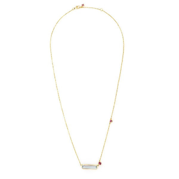 18K Yellow Gold Aquamarine Bar & Ruby Necklace