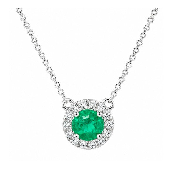 14K White Gold Emerald and Diamond Pendant Necklace