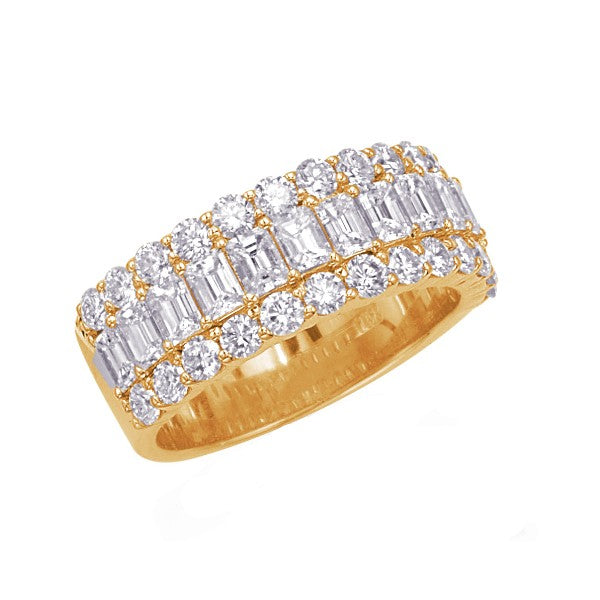 14K Yellow Gold 3-Rown Ring with Emerald and Round Diamonds
