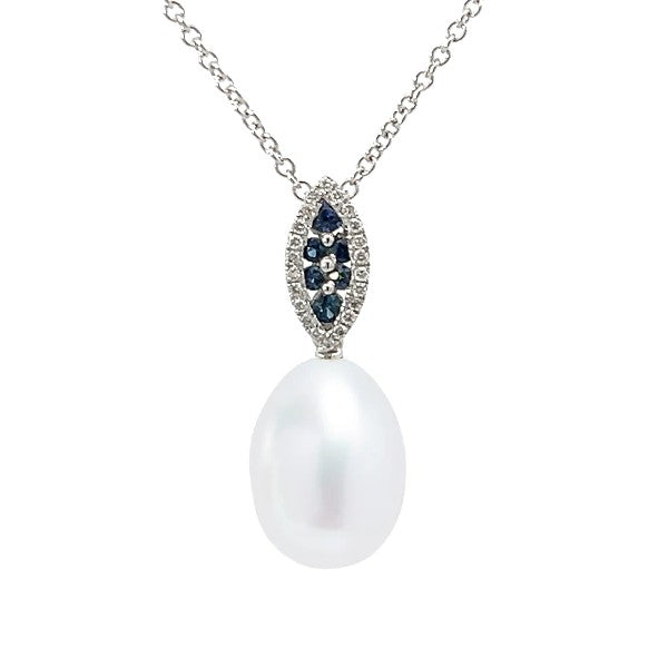 14K White Gold Freshwater Pearl, Sapphire, Diamond Pendant