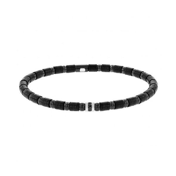 DEMEGLIO Men's Black Diamond & White Gold Station Stretch Bracelet in Black Ceramic & Carbon Fiber