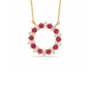 14K Yellow Gold Open Circle Ruby and Diamond Necklace