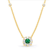 14K Yellow Gold Emerald and Diamond Halo Necklace