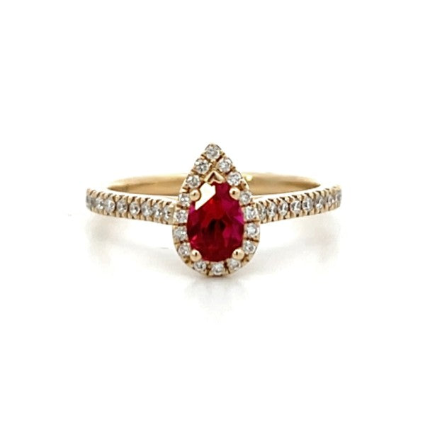 14K Yellow Gold Pear Ruby and Diamond Halo Ring