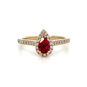 14K Yellow Gold Pear Ruby and Diamond Halo Ring