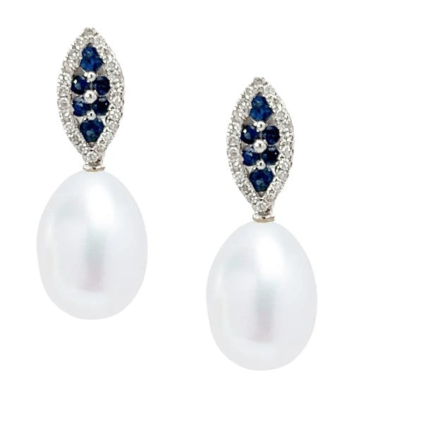 14K White Gold Freshwater Pearl, Sapphire, Diamond Earrings