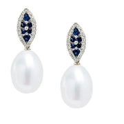 14K White Gold Freshwater Pearl, Sapphire, Diamond Earrings