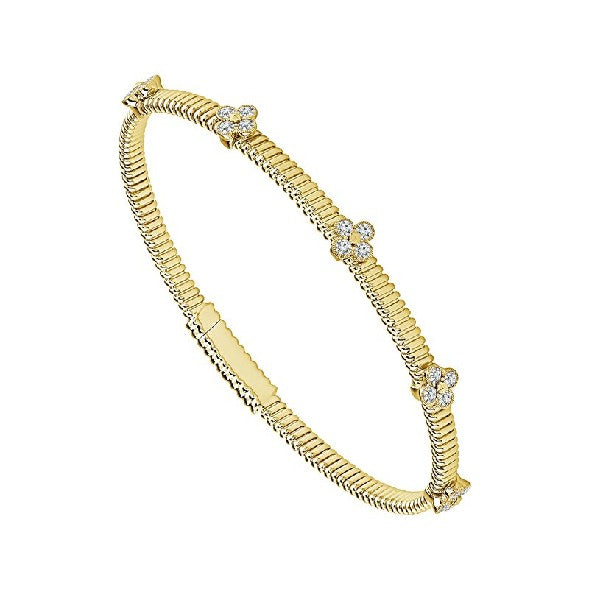 14K Yellow Gold Diamond Flower Station Bangle Bracelet