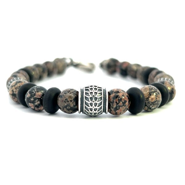 WILLIAM HENRY Men's Sterling Silver Beaded Bracelet with Red Snowflake Obsidian